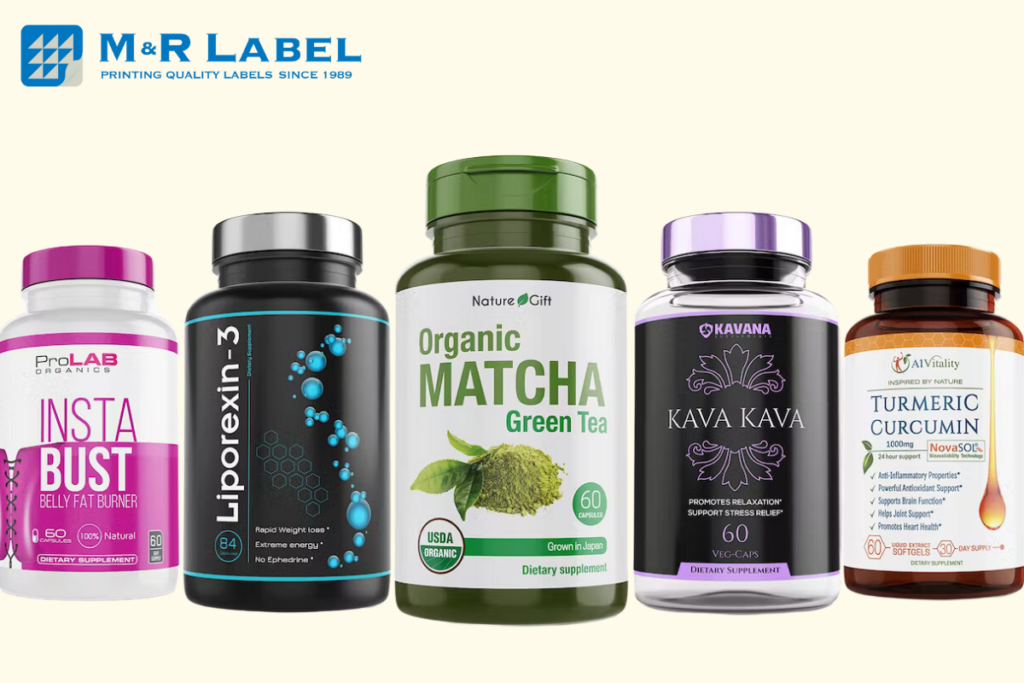 Full-service sustainable design label printing - M&R Label supplement bottle labels