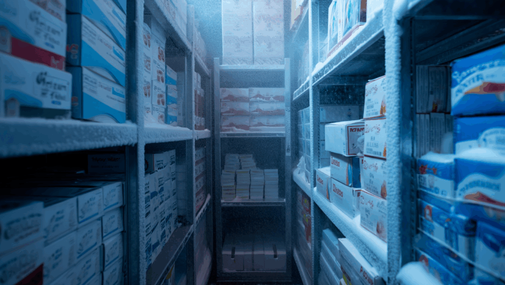 Labels on frozen products in cold storage