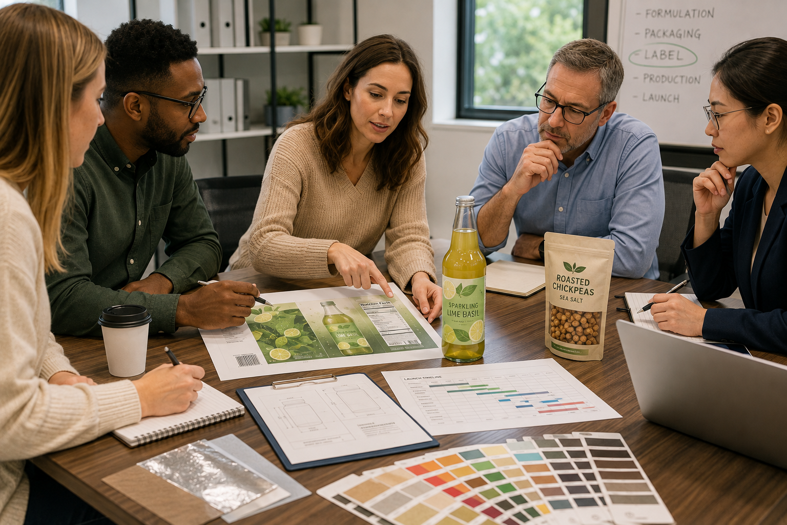 group of people pensively review label options for food products