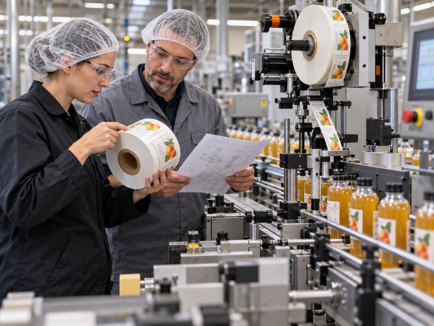 woman and man in a factory on a production line reviewing a roll of labels