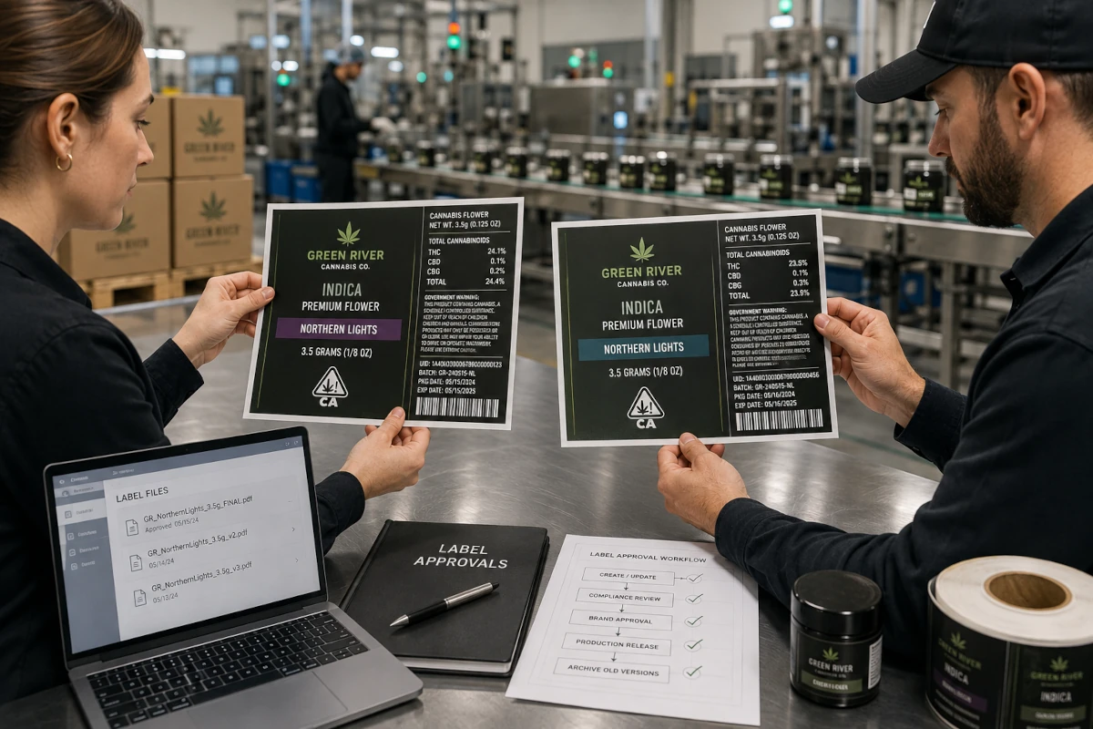 Two people holding two different versions of a product label