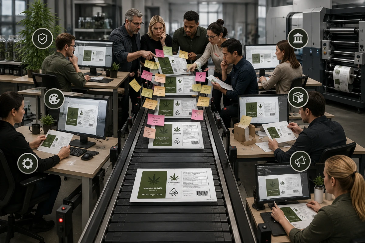 11 different people working on different aspects of the same label and providing input with various post-it notes