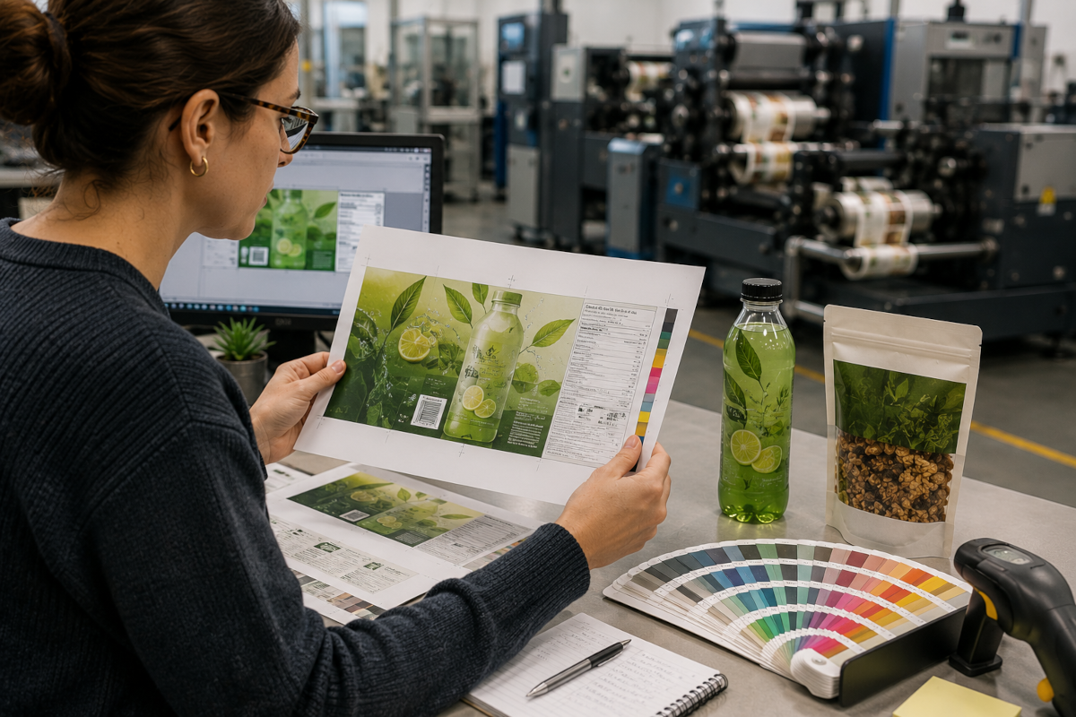woman at desk review an image mock up with beverage next to the mock up