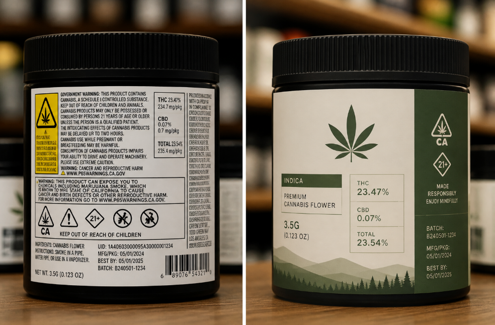 side by side product images - one with warnings and small print, the other with clear branding