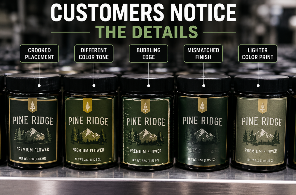 5 products whose labels are the 'same' but minor errors are noted in thought bubbles