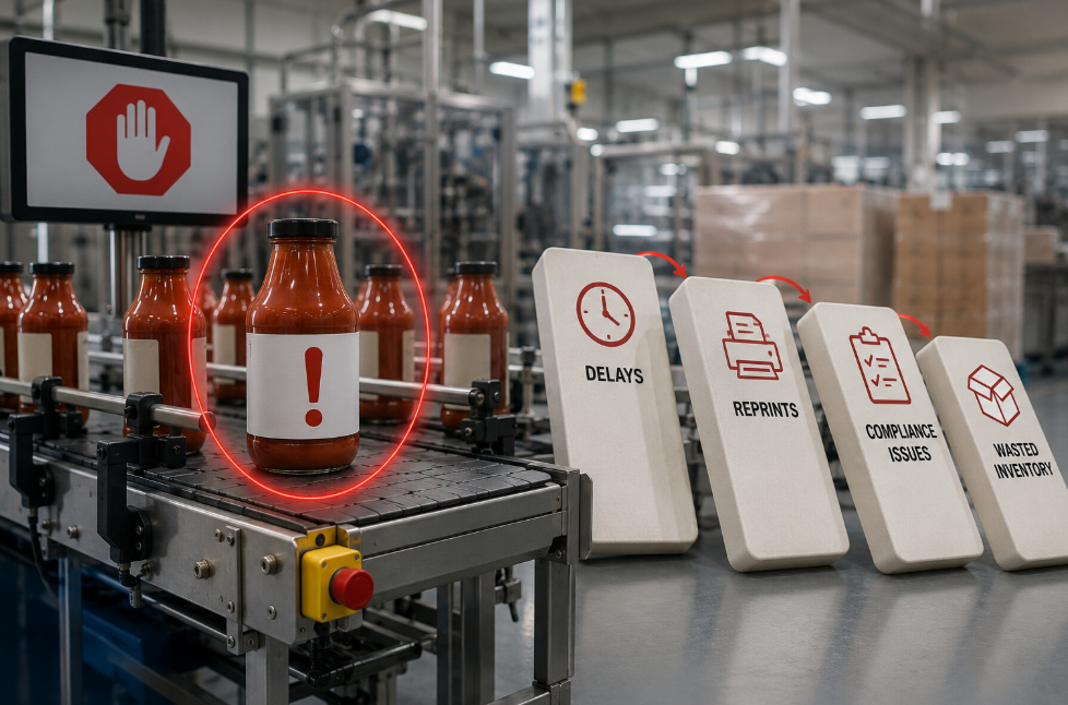 bottled sauce coming off production line with a red exclamation point on its white label