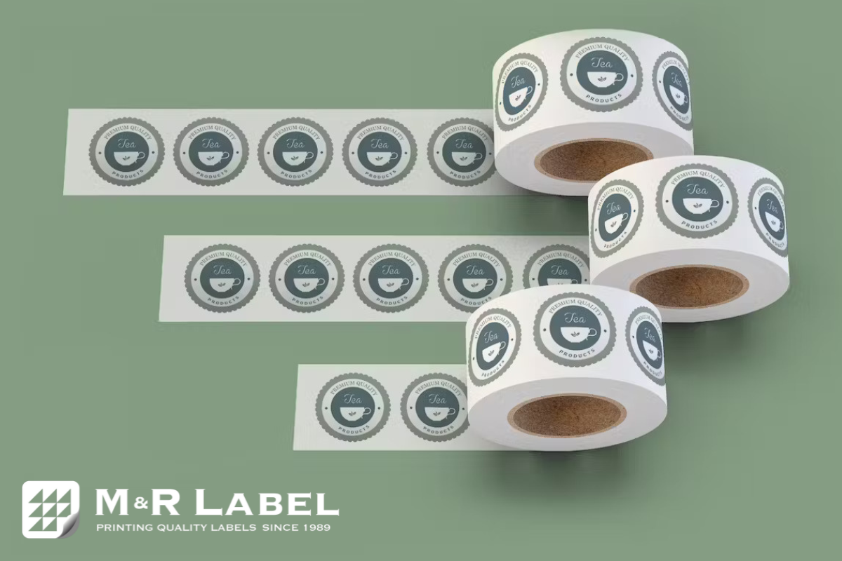 Industrial label rewinder machine in operation